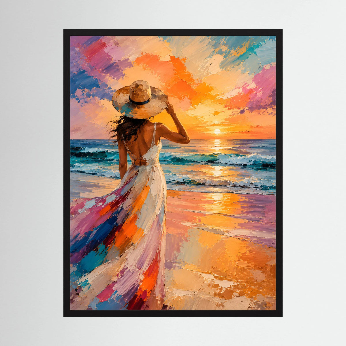 Gerahmtes Poster (Hochformat) mit Frau am Strand im Sonnenuntergang