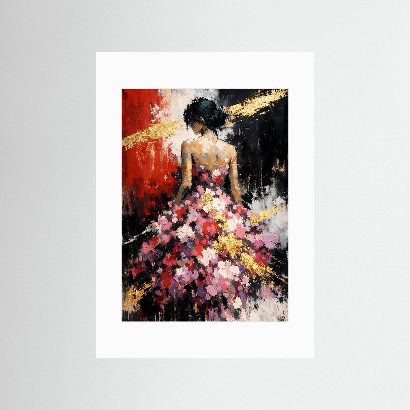 Kunstposter mit weißem Passepartout und abstraktem Frauenportrait, Blütenmeer, hochkant