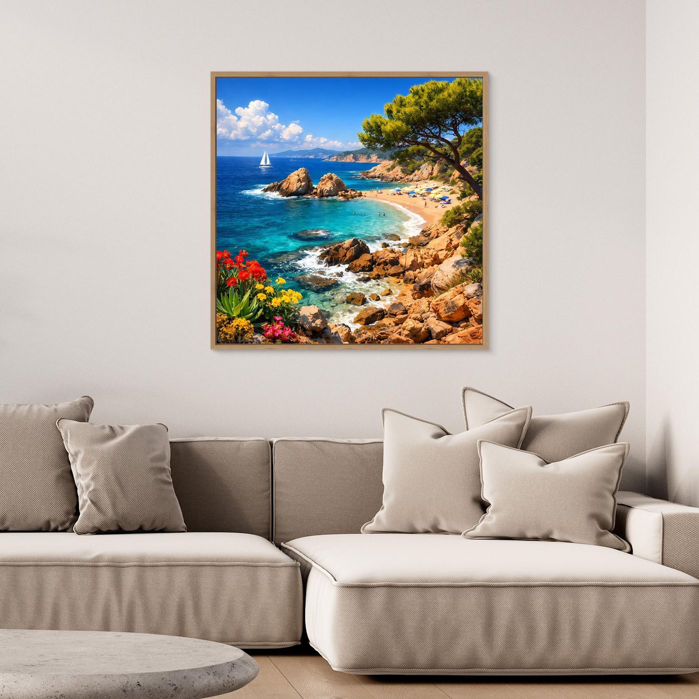Leinwand-Wandbild im Holzrahmen mit mediterraner Küstenbucht, türkisblauem Wasser und Strand