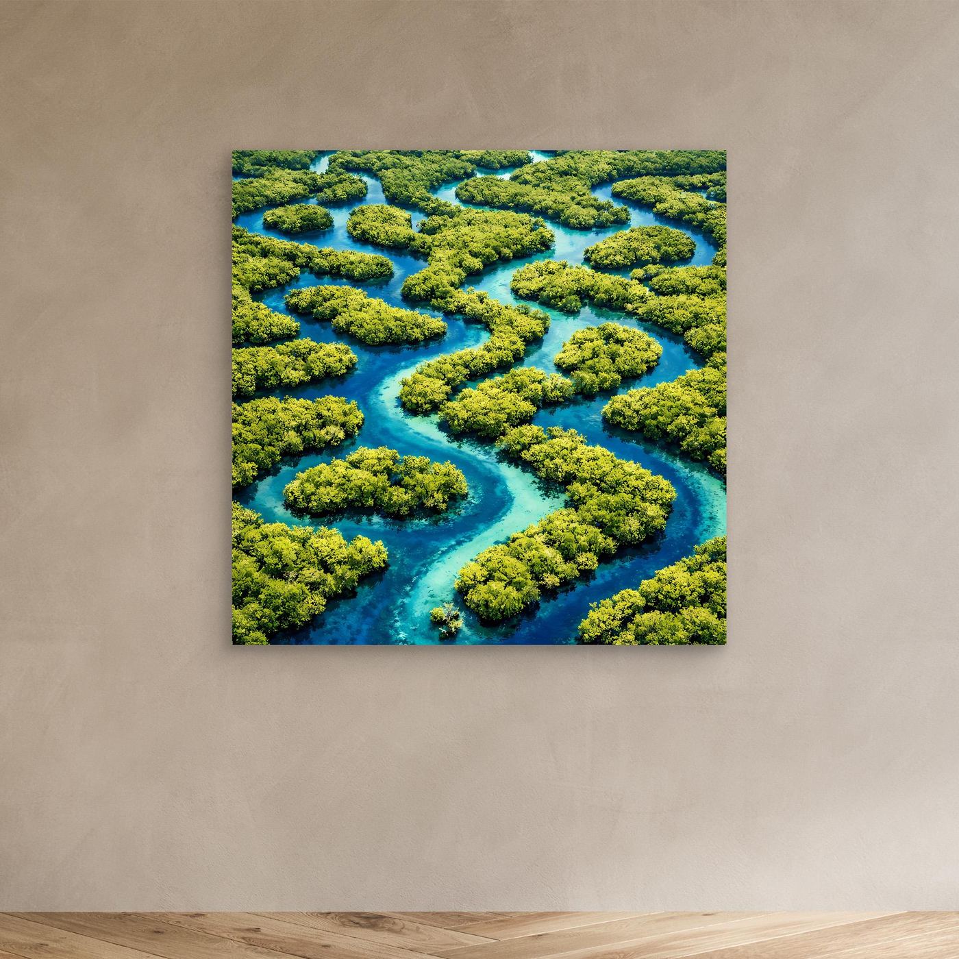 Quadratisches Leinwandbild Wasserlabyrinth: türkisblauer Fluss mit grünen Inseln