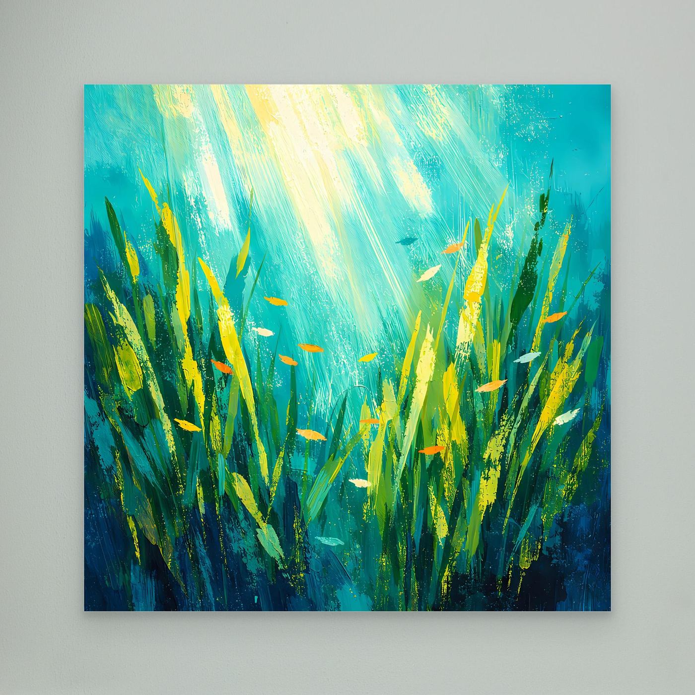 Leinwand Lichtdurchfluteter Algenwald unter Wasser | Abstraktes Ozean Wandbild