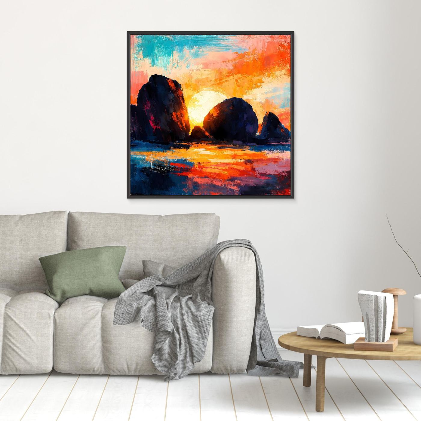 Leinwandbild mit abstrakter Küste und Sonnenuntergang, kleine Darstellung, schwarzer Rahmen.