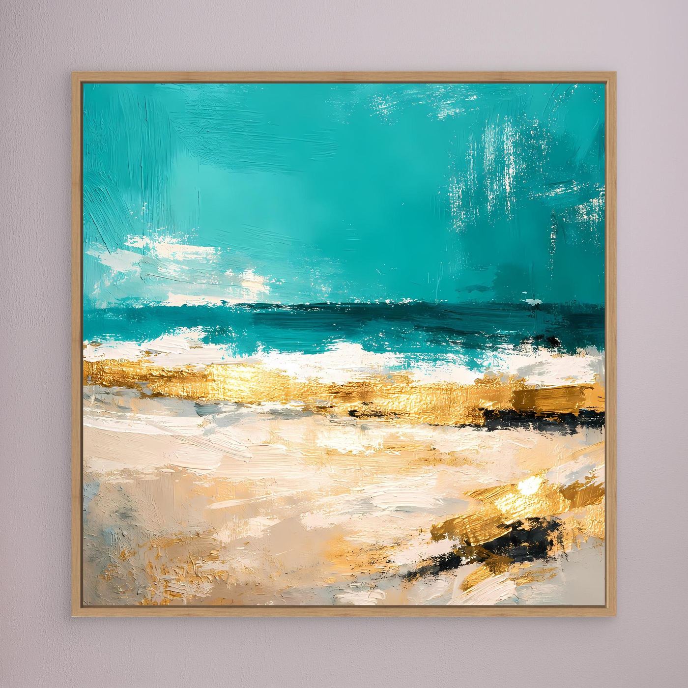 Leinwand Abstraktes Strandgemälde in Türkis und Gold | Modernes Meer Wandbild