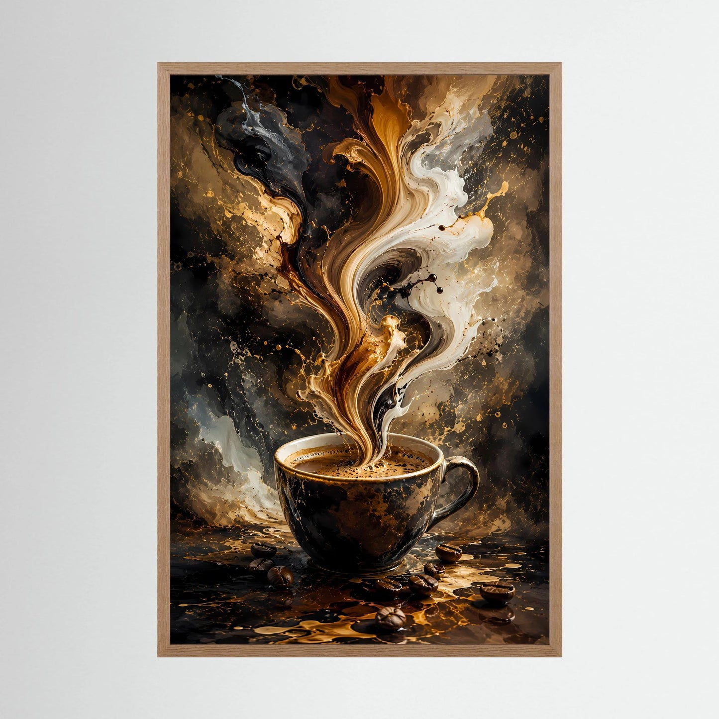 Hochformat-Poster mit Kaffeetasse und abstraktem Farbwirbel, gerahmt in hellem Holz.
