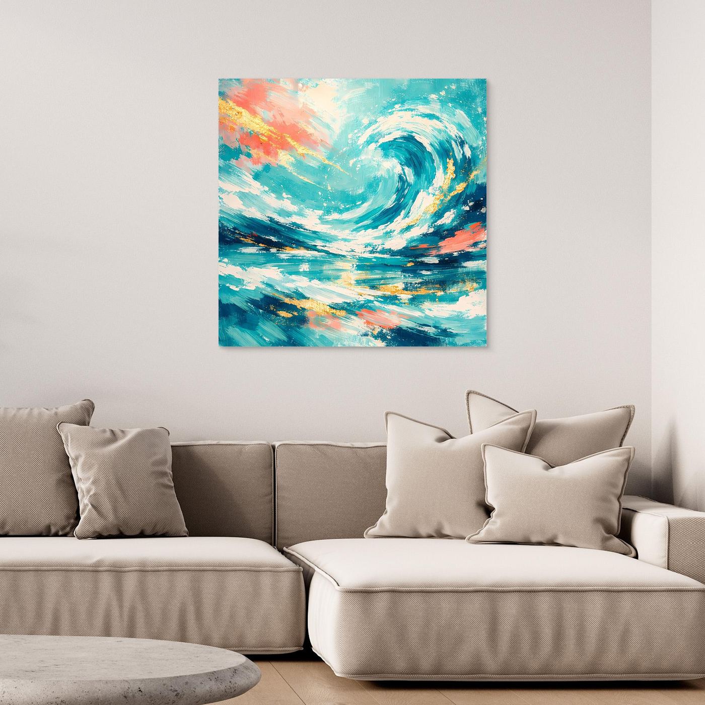 Leinwandbild abstrakte Meereswelle in Türkis, Blau und Gold mit kräftigen Pinselstrichen