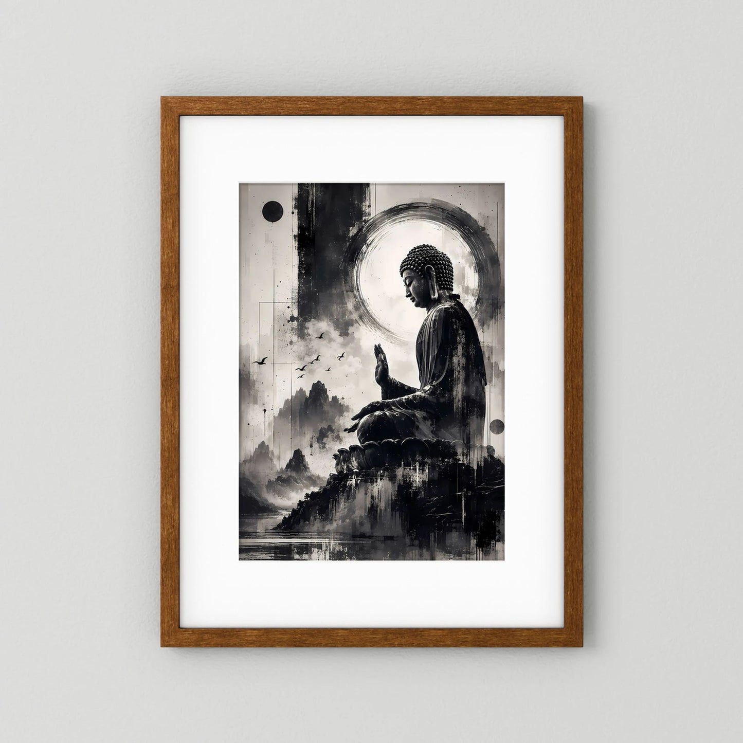 Poster mit Buddha-Motiv, Schwarzweiß, im braunen Holzrahmen
