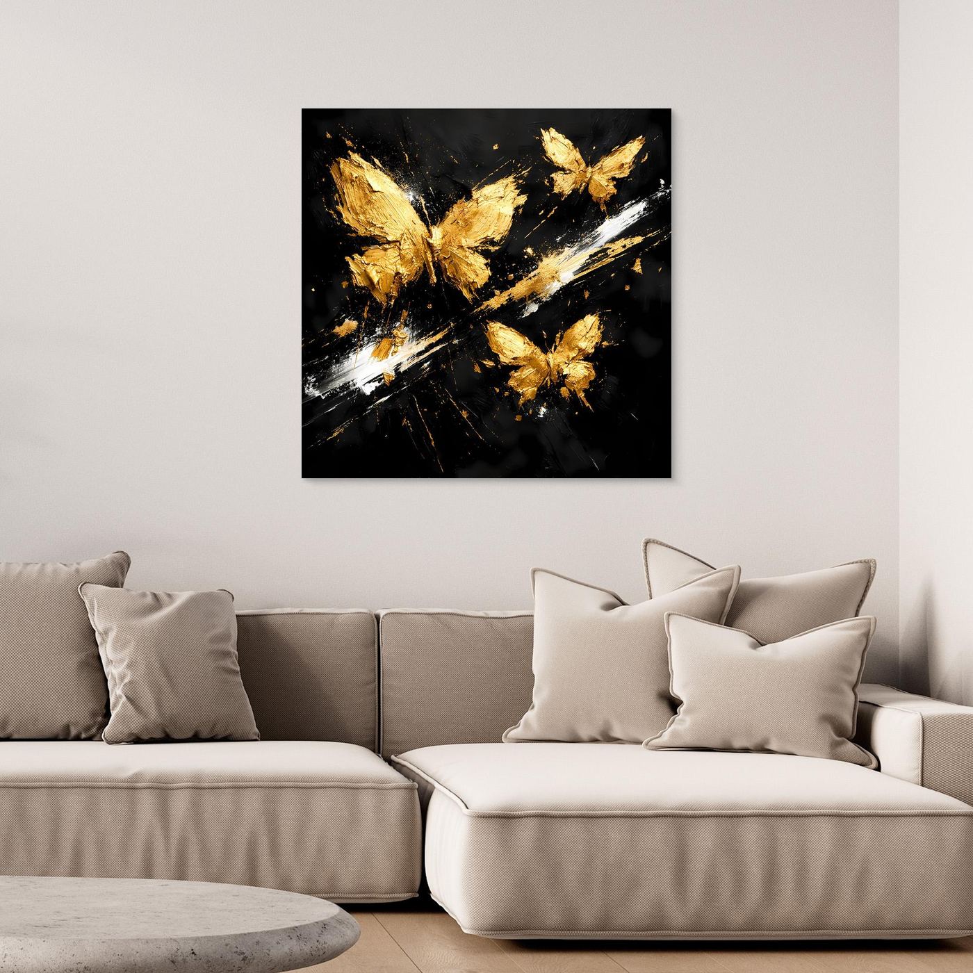 Leinwand Goldene Schmetterlinge im Flug | Abstraktes Modernes Wandbild