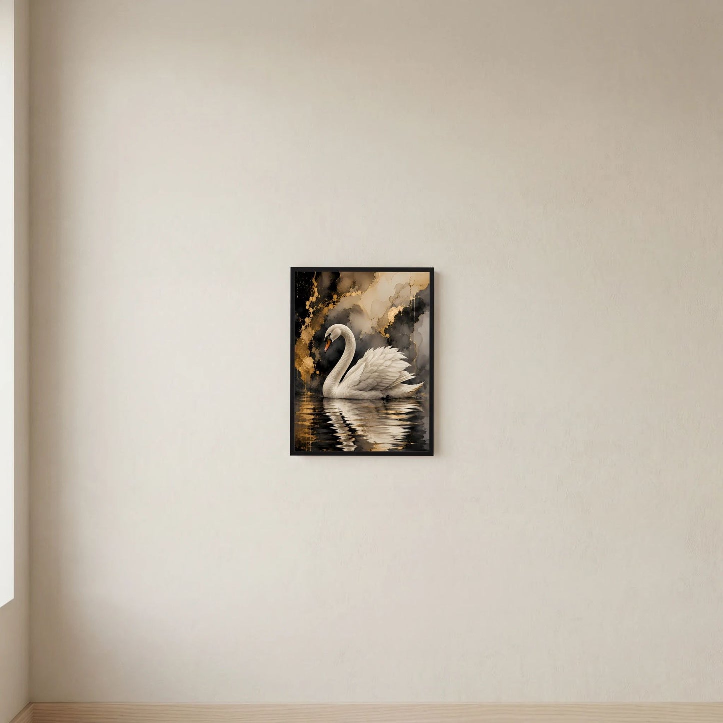 Wandposter mit weißem Schwan auf goldenem Wasser, schwarzer Rahmen