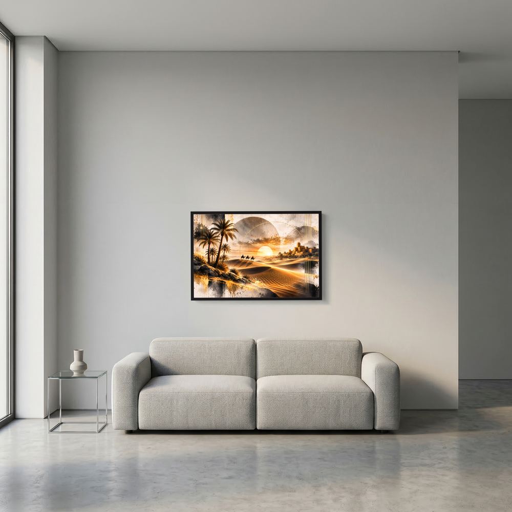 Wandposter im Querformat mit Wüstenlandschaft, Palmen, Karawane und Oase im goldenen Sonnenuntergang