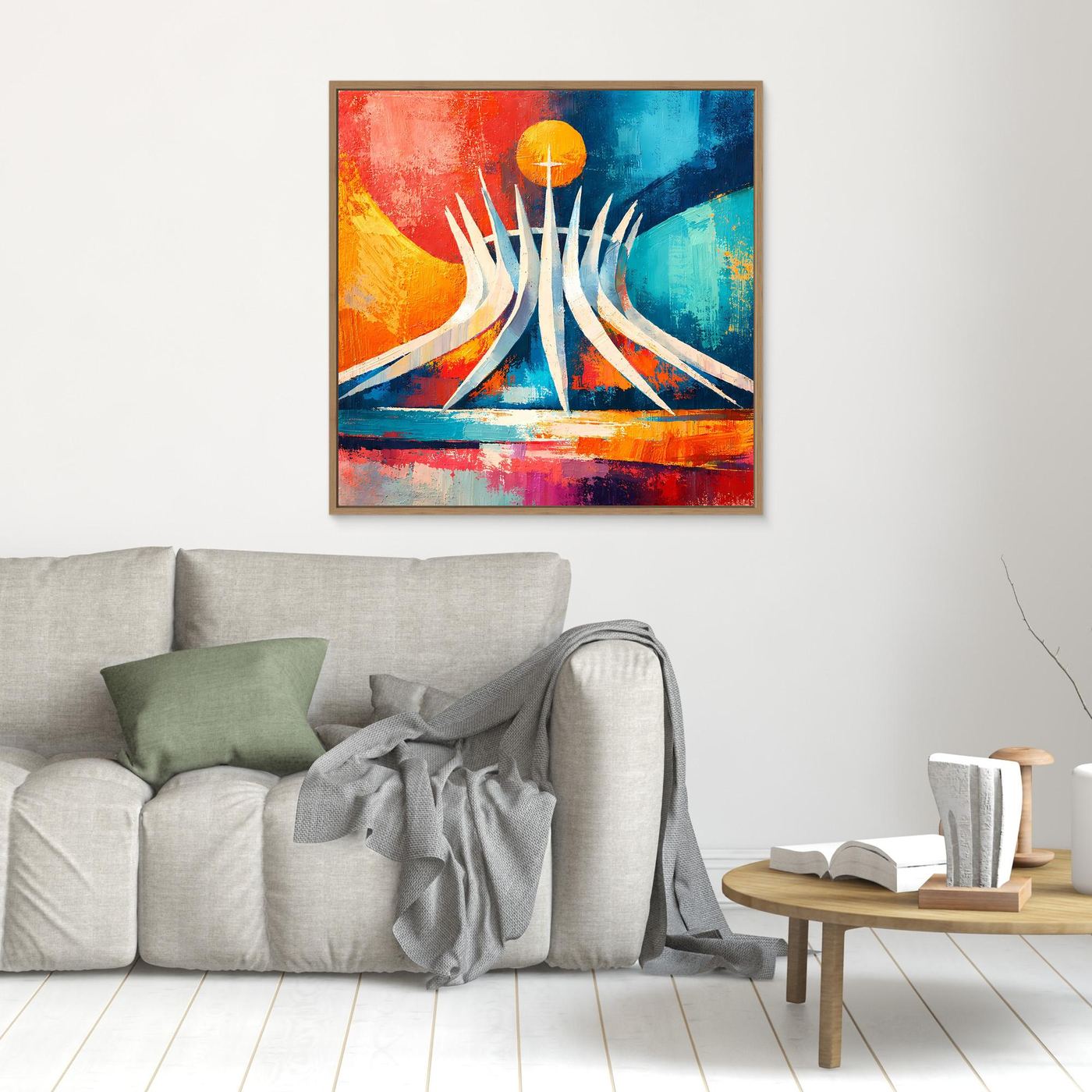 Hängendes abstraktes Leinwand-Wandbild mit Sonne und Kathedralenform, goldbraun gerahmt, Wohnraum