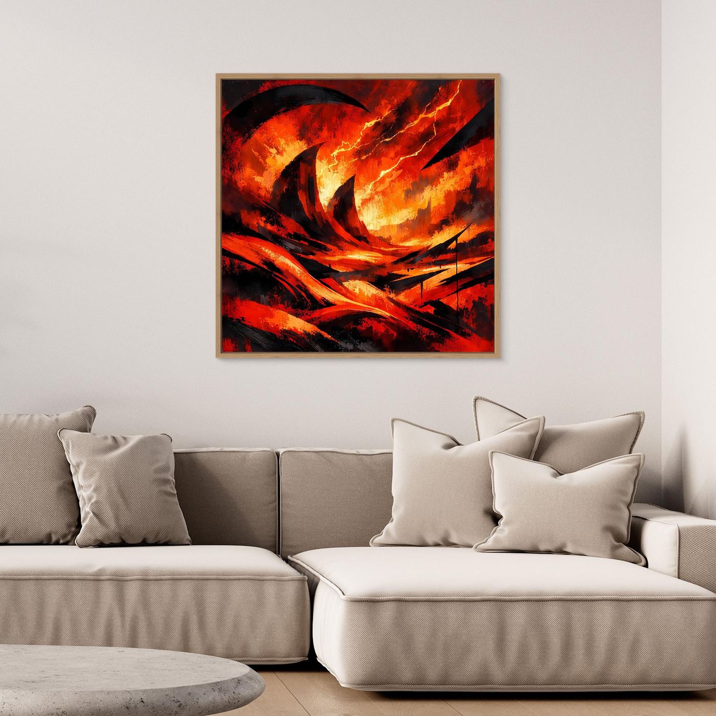 Gerahntes Leinwand-Wandbild: abstrakte Lavaflammen und Blitze in Rot-Orange, schwarzer Rahmen.