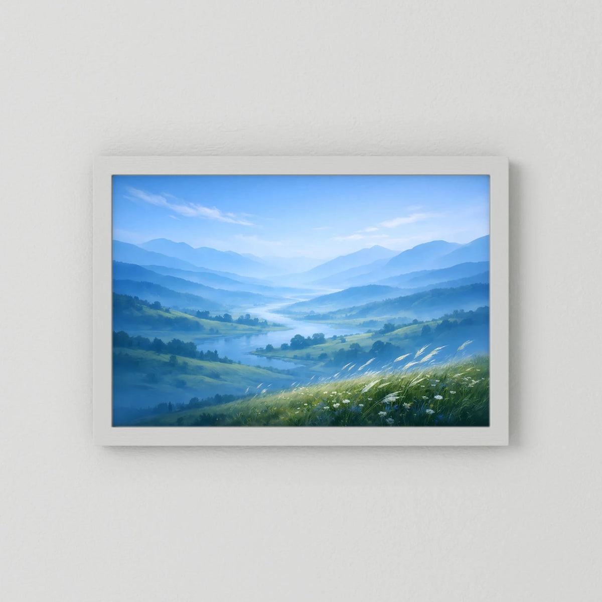 Querformatiges Poster Berglandschaft im Nebeltal im weißen Rahmen