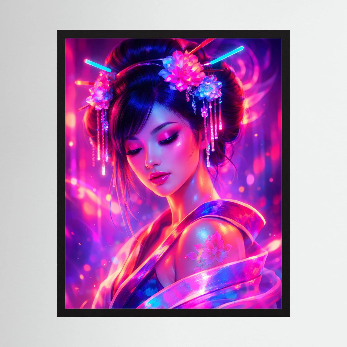 Neon-Wandbild einer geishaähnlichen Frau mit Blumen-Haarreif, lila-blauer Lichtoptik, schwarz gerahmt