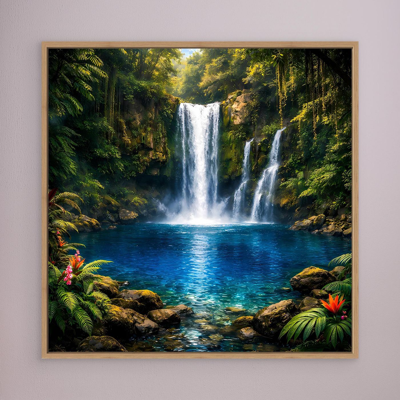 Leinwandbild tropischer Wasserfall mit Holzrahmen