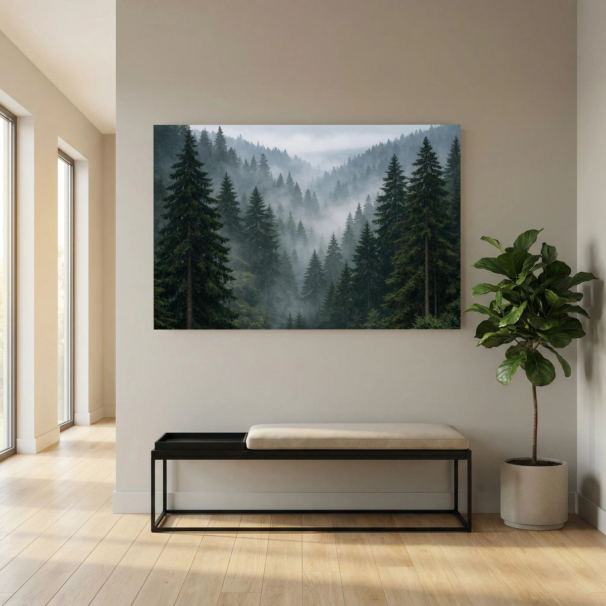 Querformatiges Wandbild mit Nadelwald im Nebel, dunkle Tannen vor grauem Dunst