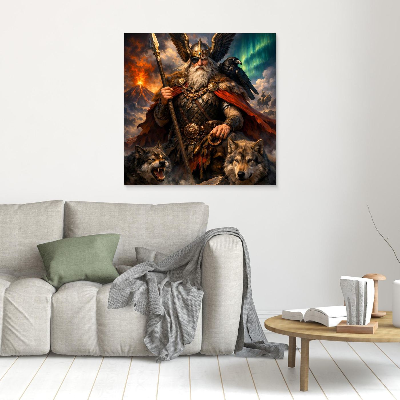 Leinwand Göttervater Odin mit Wölfen und Rabe | Mythologisches Wikinger Wandbild