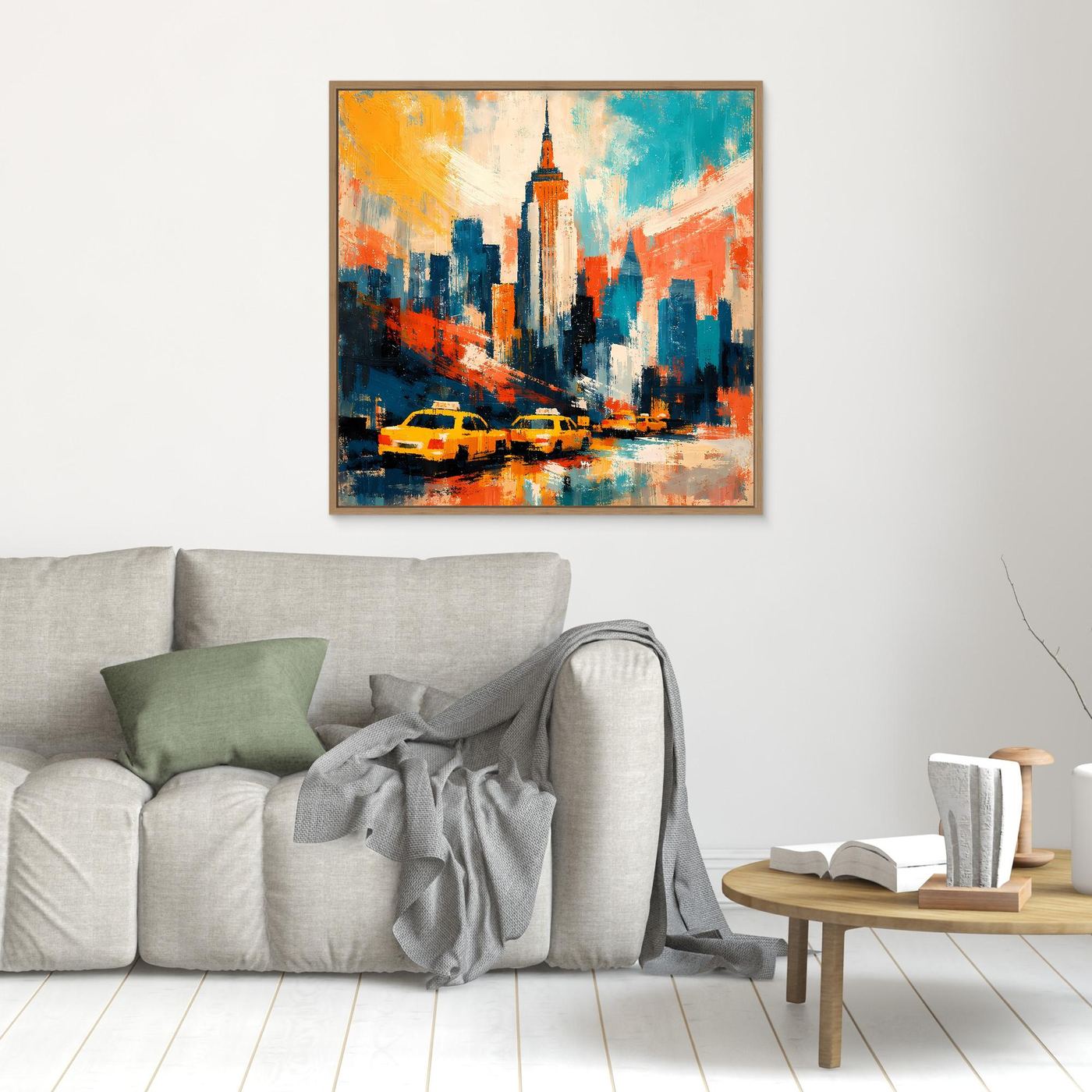 Abstraktes Leinwand-Wandbild mit Skyline und gelben Taxis, braun gerahmt