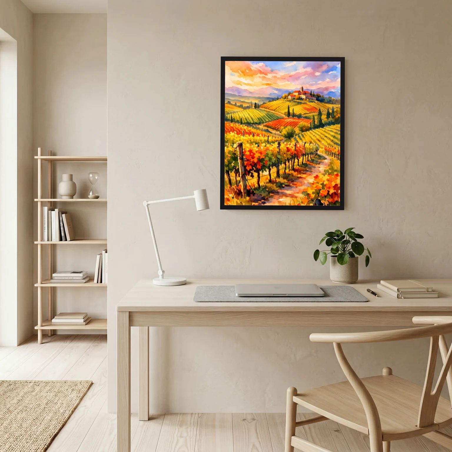 Wandbild-Poster mit Toskana-Weinlandschaft: leuchtende Reihen und Weg, gerahmt in dunklem Rahmen