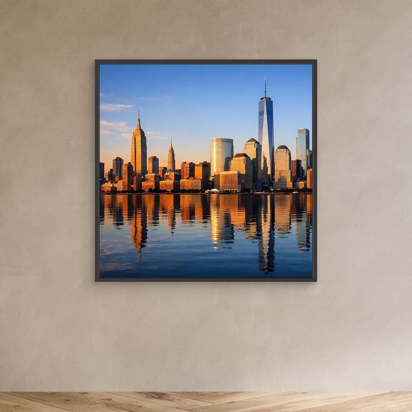 Leinwand-Wandbild im schwarzen Rahmen mit New-York-Skyline bei Sonnenuntergang und Spiegelung