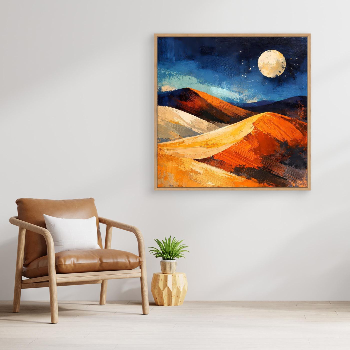 Square canvas wall art with orange dune strokes, dark horizon, and a glowing moon