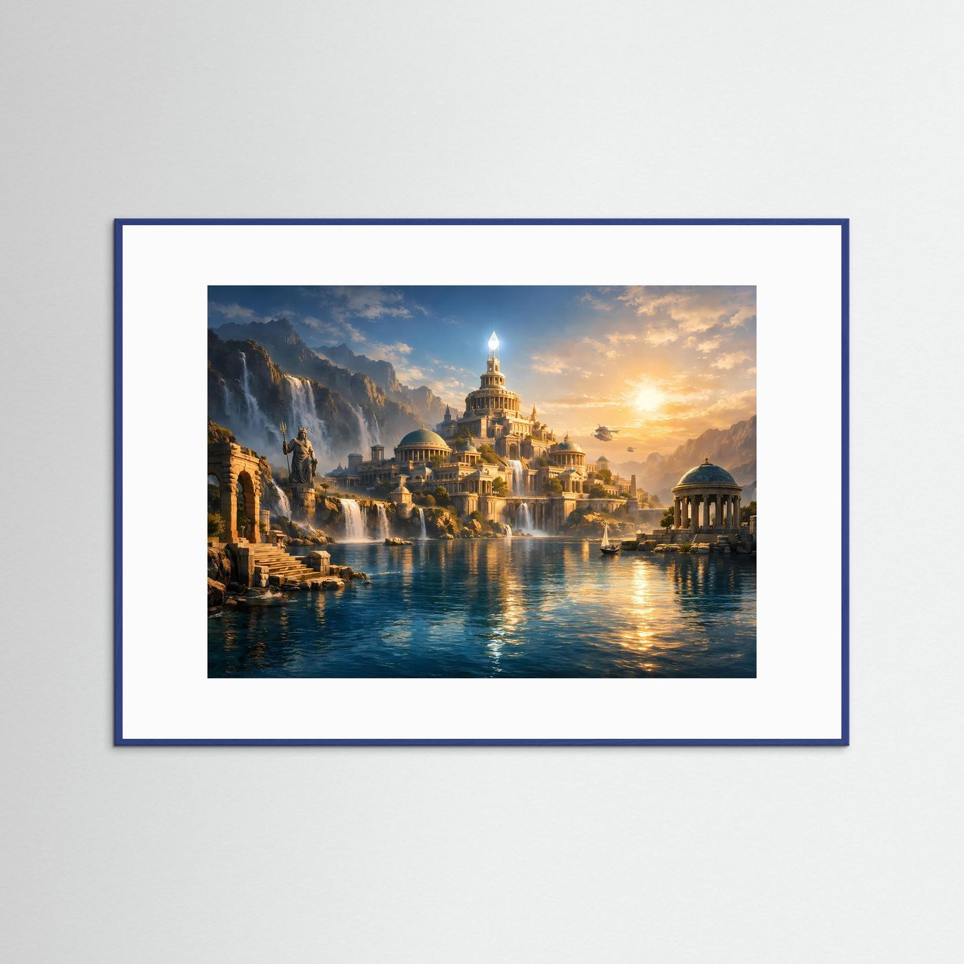 Fantasy-Poster Querformat: Atlantis über Wasser bei Sonnenaufgang, blauer Holzrahmen