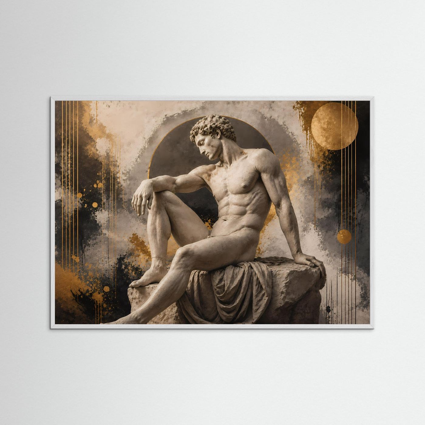 Poster mit antiker männlicher Sitzstatue, im beigen Rahmen.