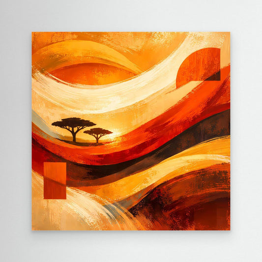 Abstraktes Leinwandbild mit warmen Orange- und Rottönen, Wellenbögen und Baum-Silhouette