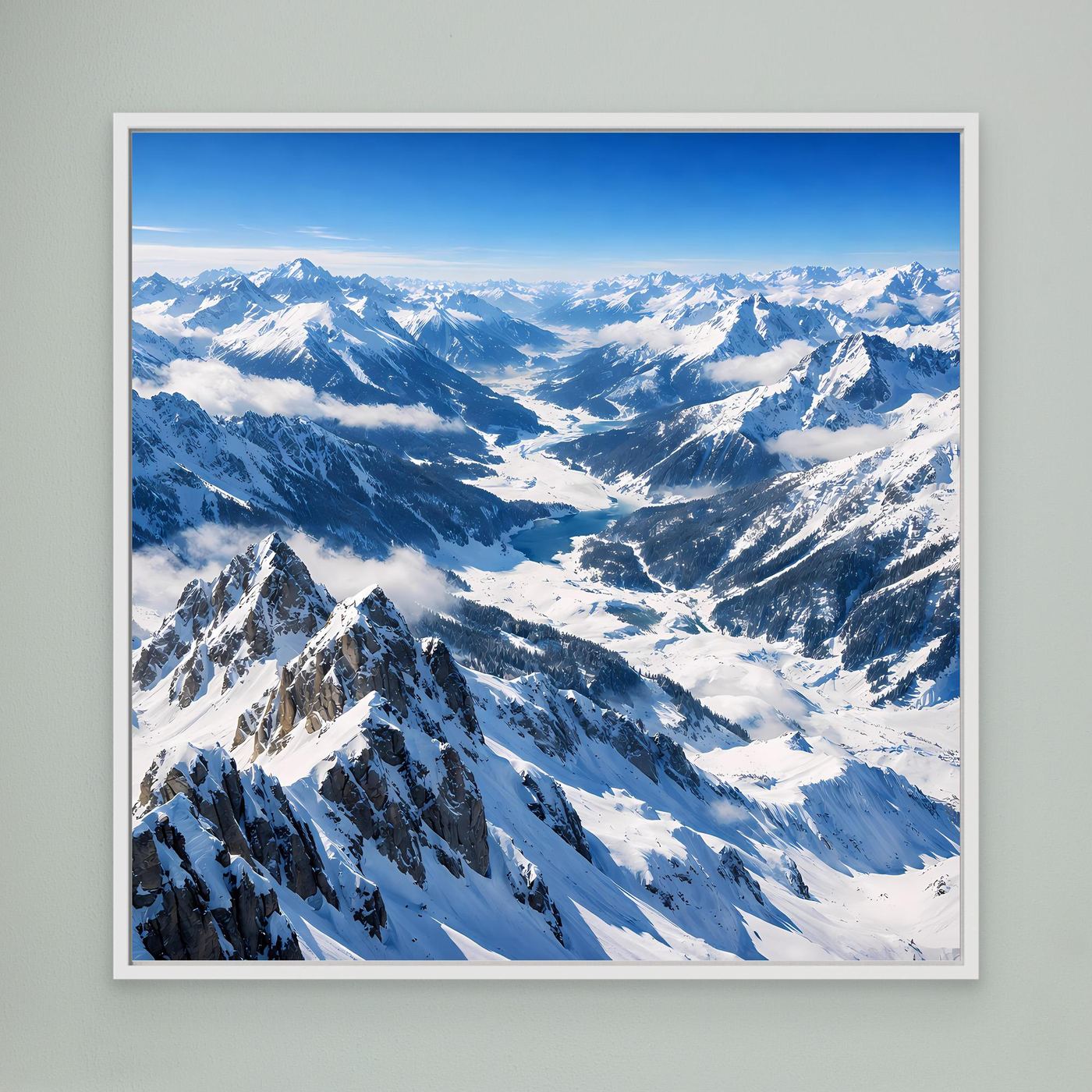 Gerahmtes Leinwandbild: schneebedeckte Alpenpanoramalandschaft, blau-weiß, weißer Rahmen