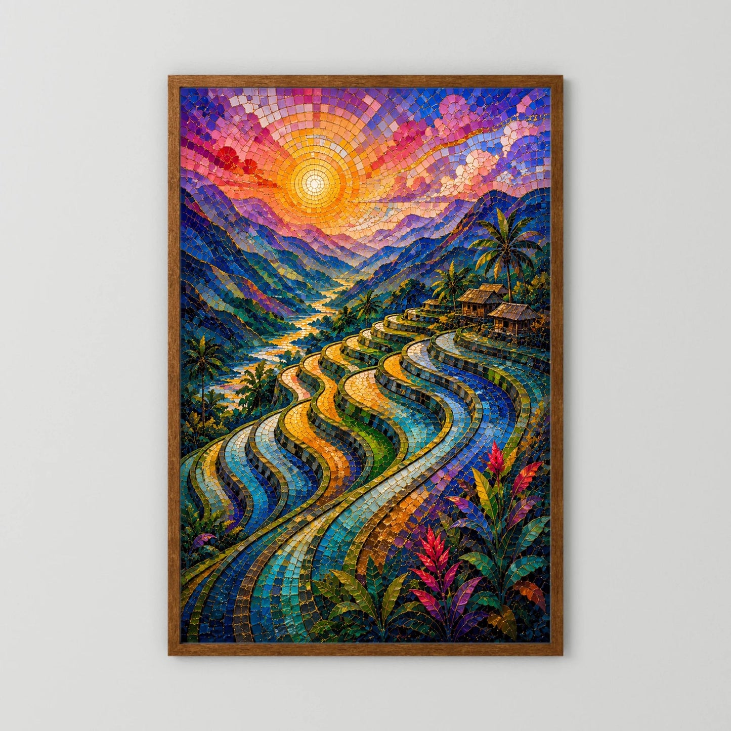 Reisterrassen im Sonnenuntergang | Farbenfrohe Mosaik Landschaft | Poster Hochformat