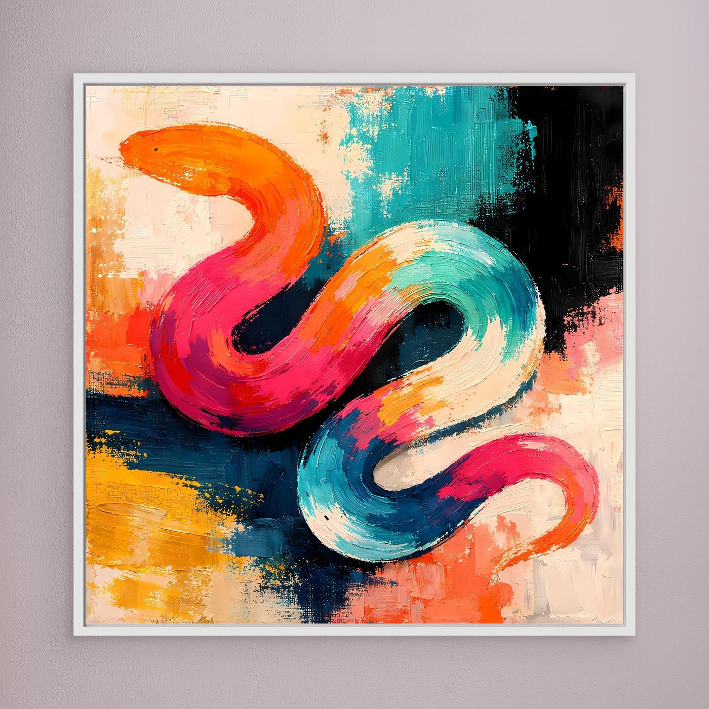 Leinwandbild mit abstrakter Schlange im Pop-Art-Stil, farbige Pinselstriche, weißer Rahmen