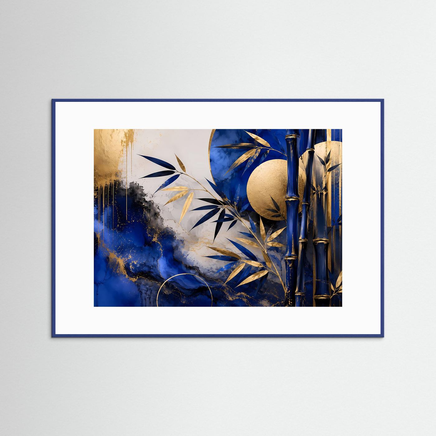Bambus Gold Blau Poster | Japanische Wandkunst Modern | Abstraktes Bambus Wandbild in Blau und Gold