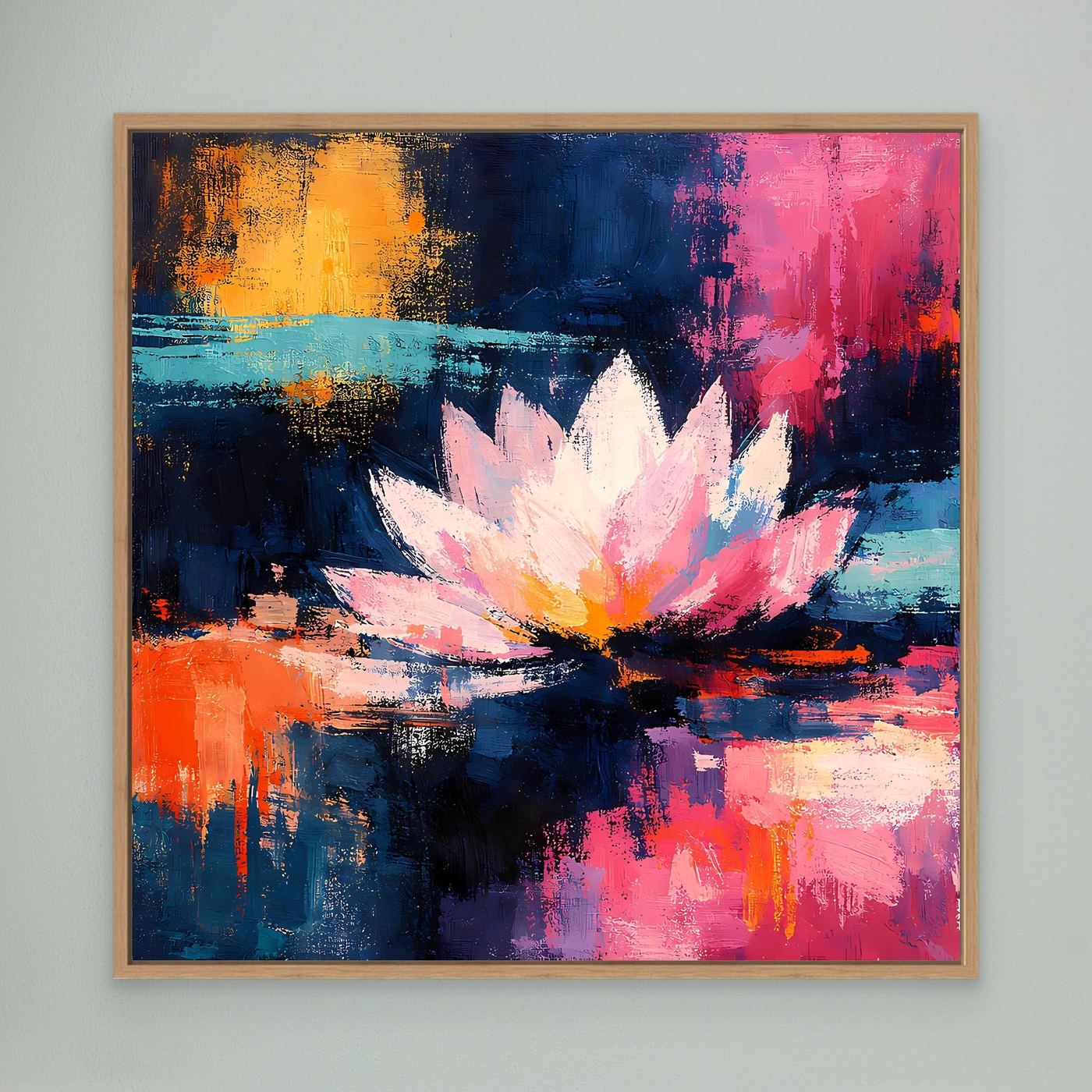 Abstraktes Leinwand-Wandbild mit Lotusblüte im Eichenrahmen, Blau, Rosa und Gelb.
