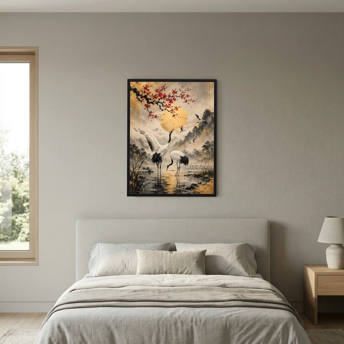 Gerahmtes Poster mit Kranichen und roten Blüten über Wasserfläche vor nebligen Bergen