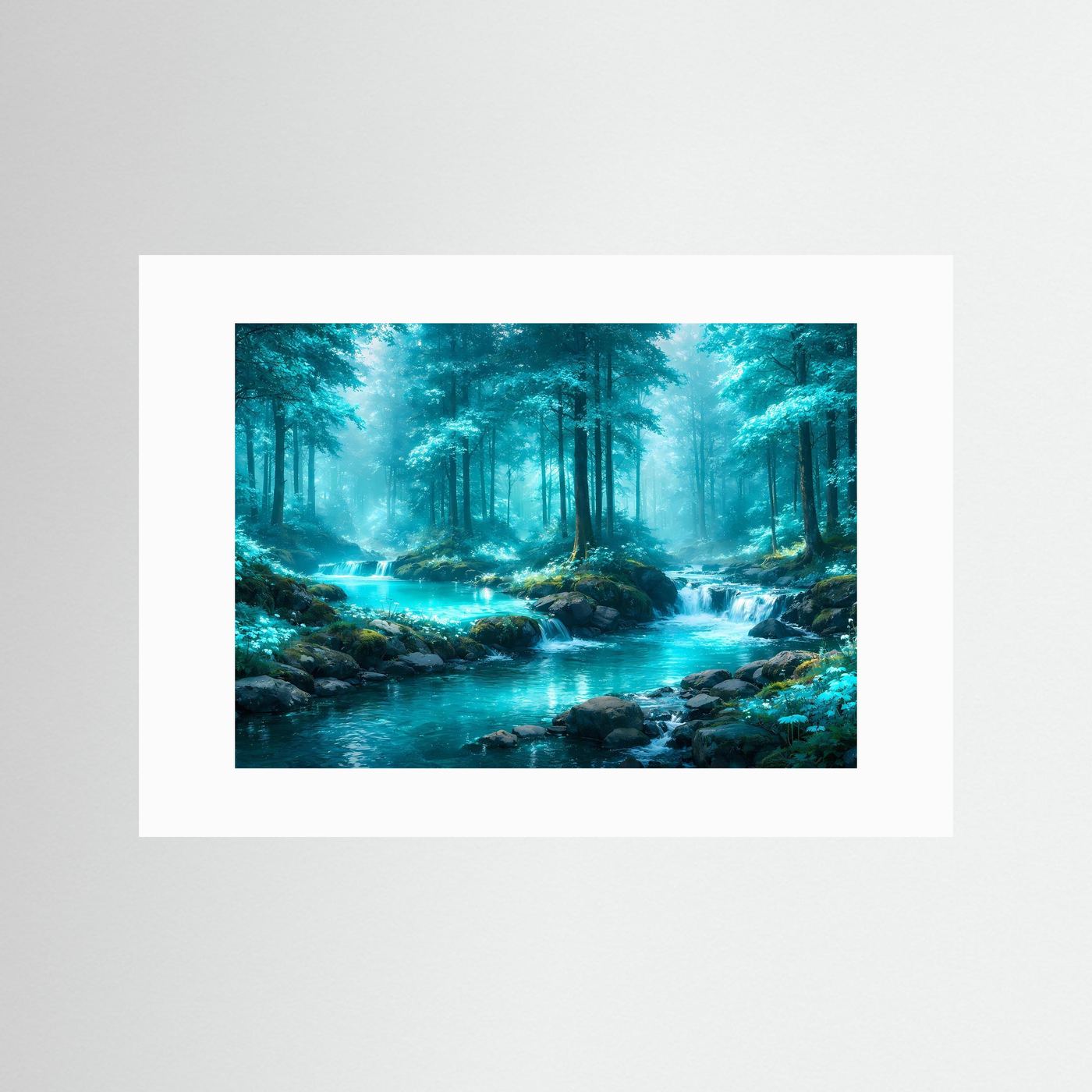 Gerahmtes Wandbild mit türkisem Fluss im grünen Wald, weißer Rahmen.