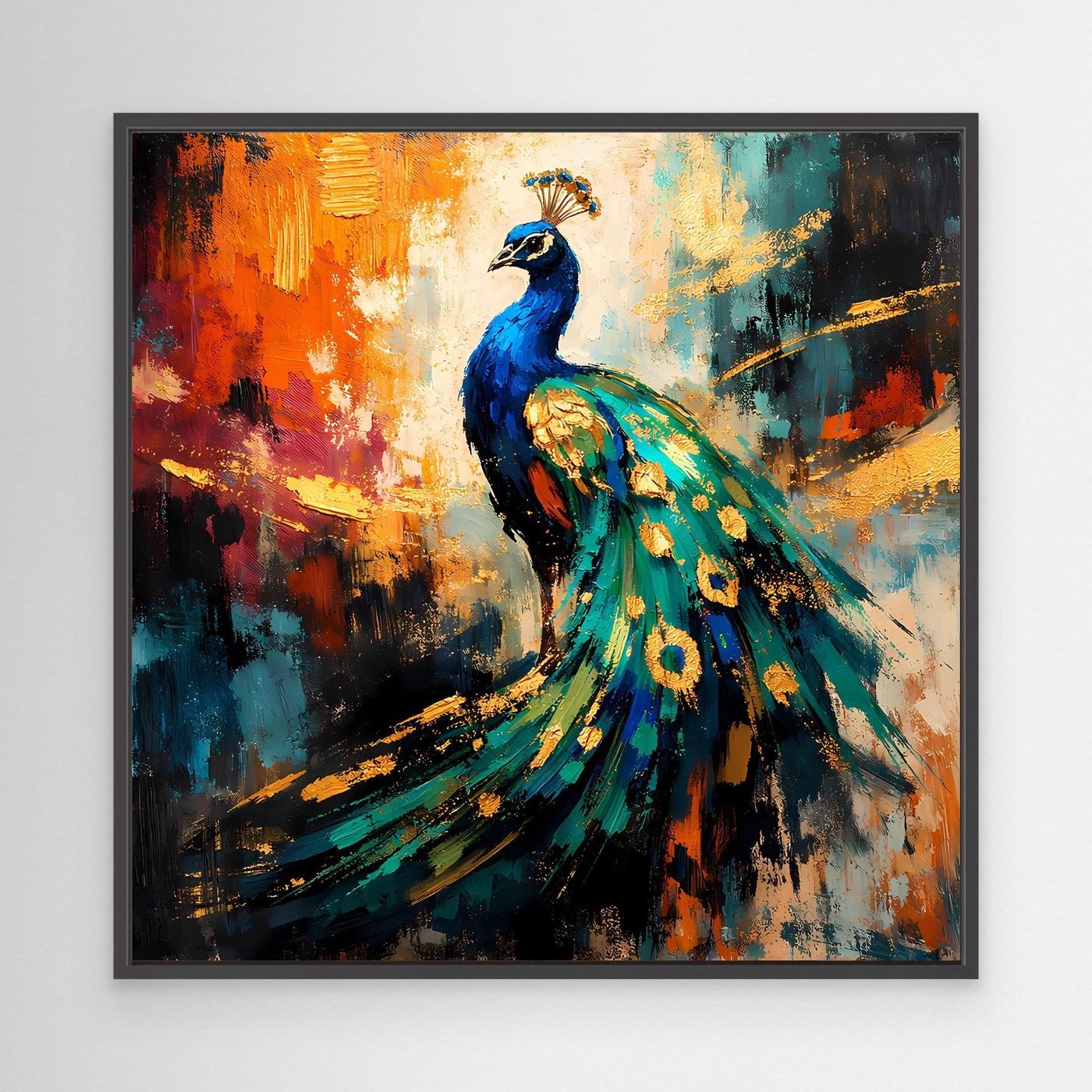 Leinwandbild mit leuchtendem Pfau, abstrakt gemalt, schwarzer Rahmen