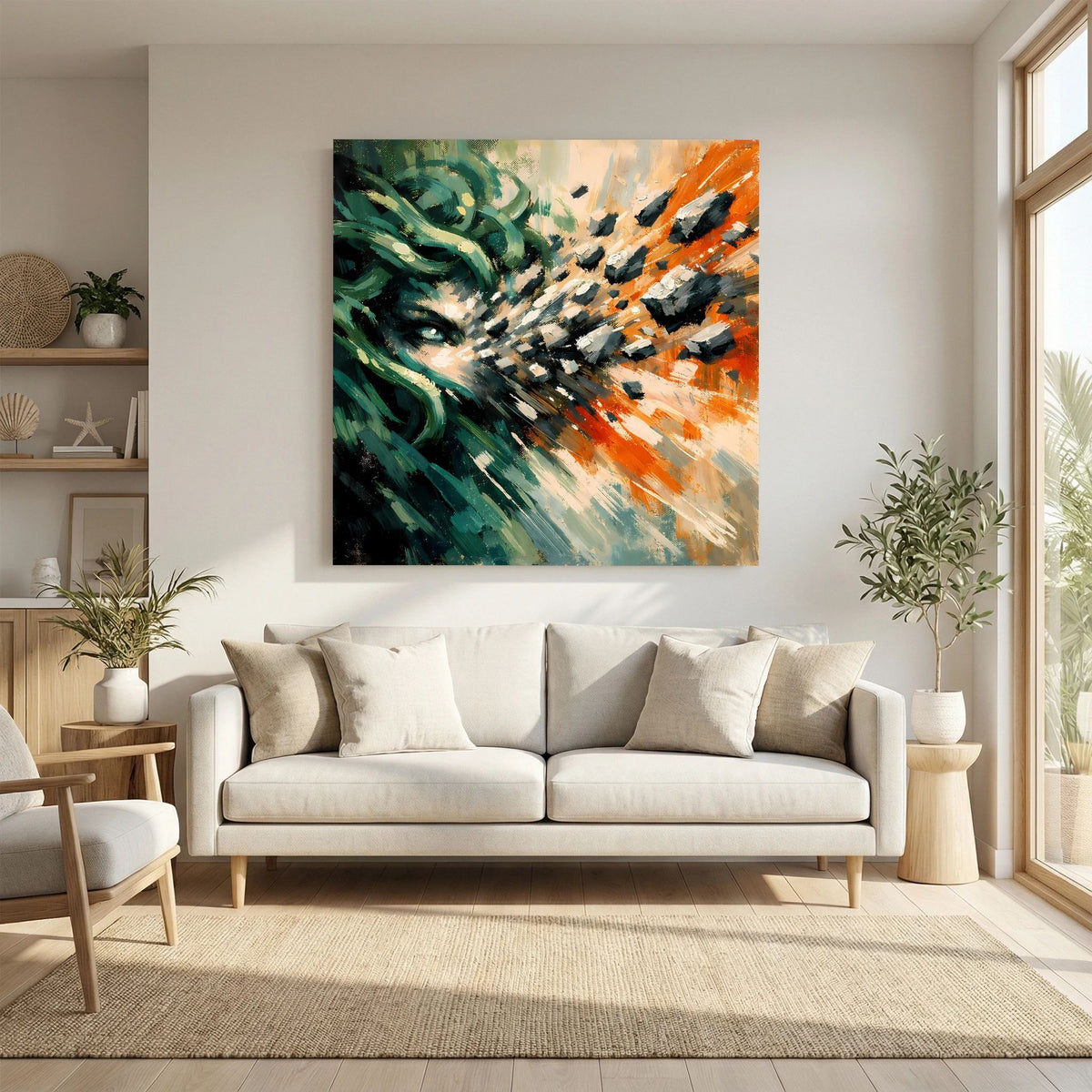 Quadratisches Leinwandbild mit Medusa-Gesicht, grünem Haar und orange-schwarzen Spritzmustern