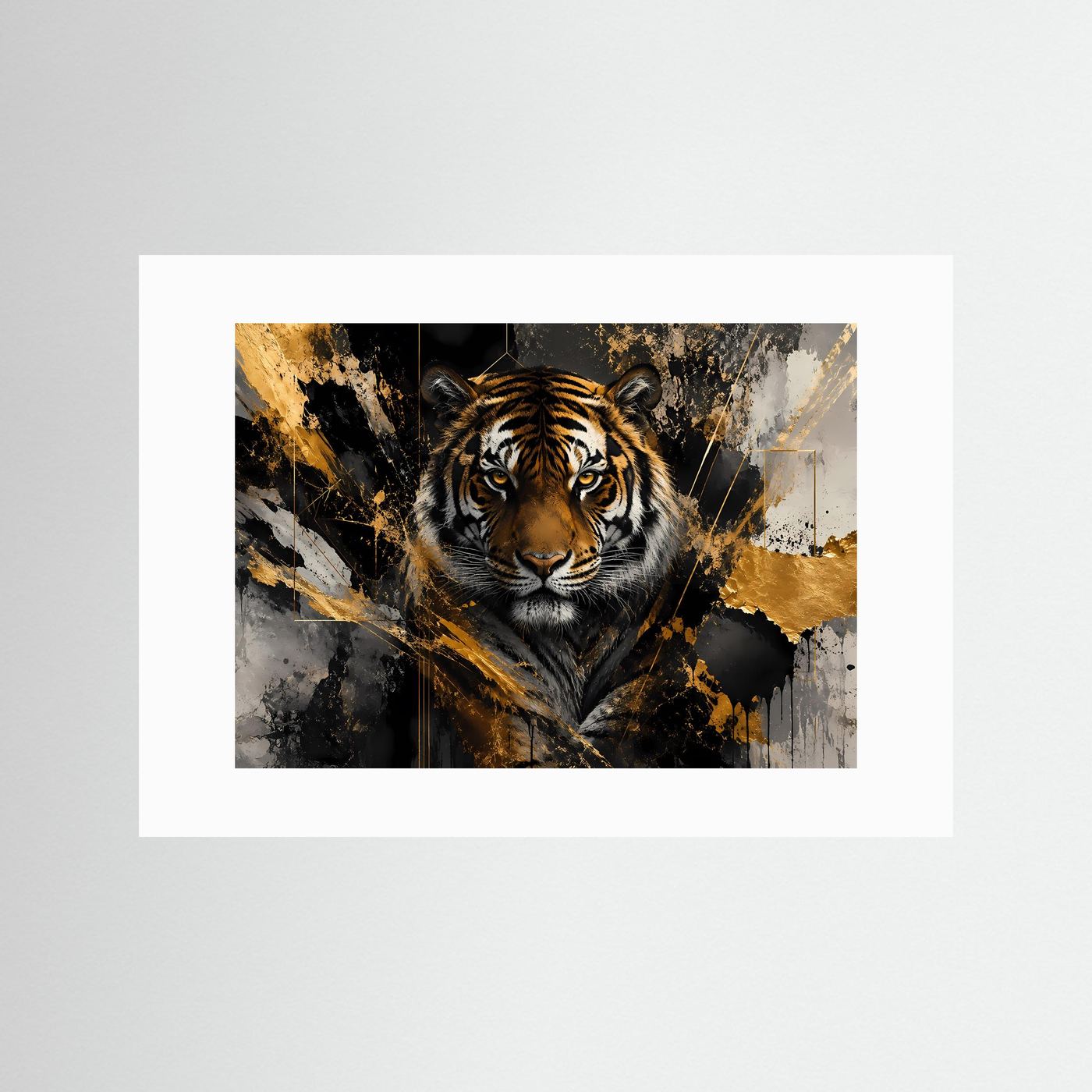 Tiger-Kunstposter mit goldenen Spritzakzenten, mit weißem Passepartout