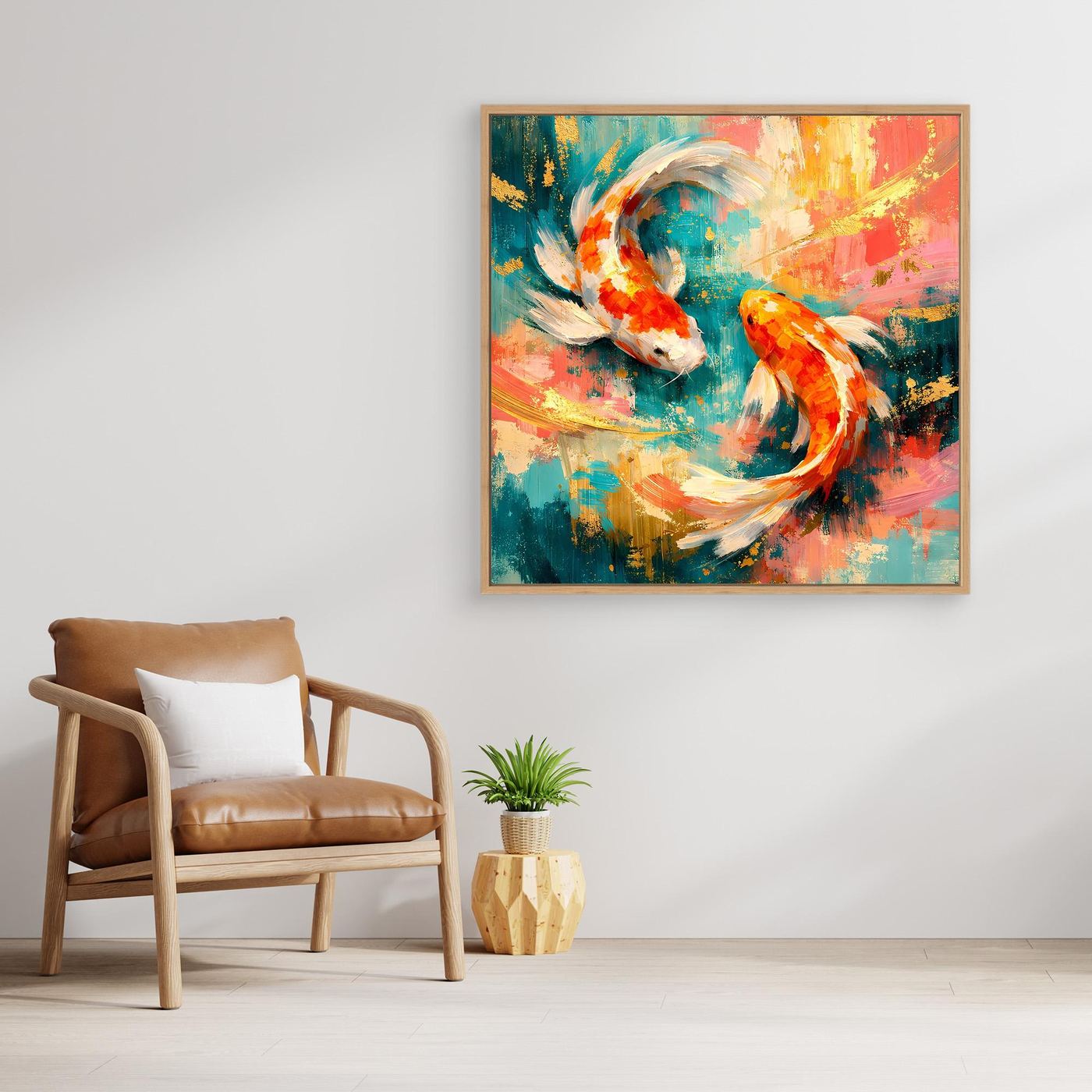 Abstraktes Leinwandbild mit zwei Koi-Fischen in Blau, Orange und Gold, gerahmt