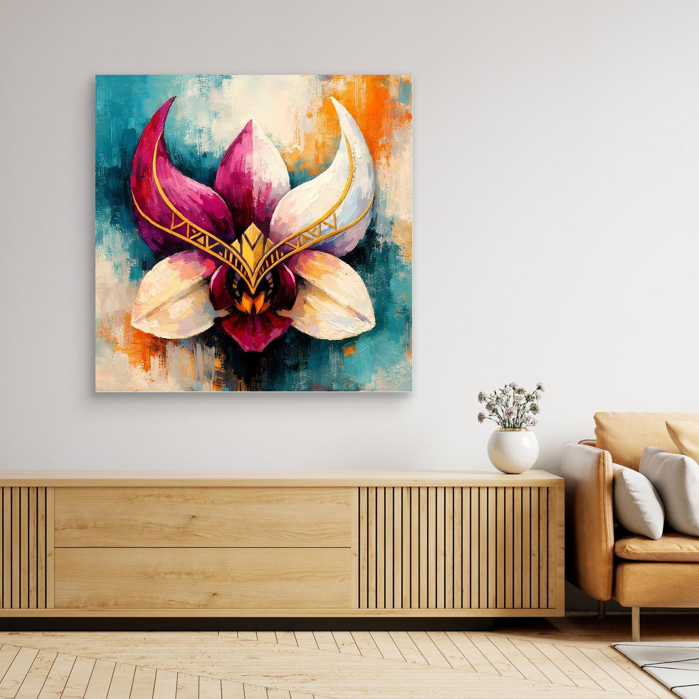 Premium Leinwand Mystische Orchideen-Maske in Gold | Abstraktes Florales Wandbild im Fantasy-Stil
