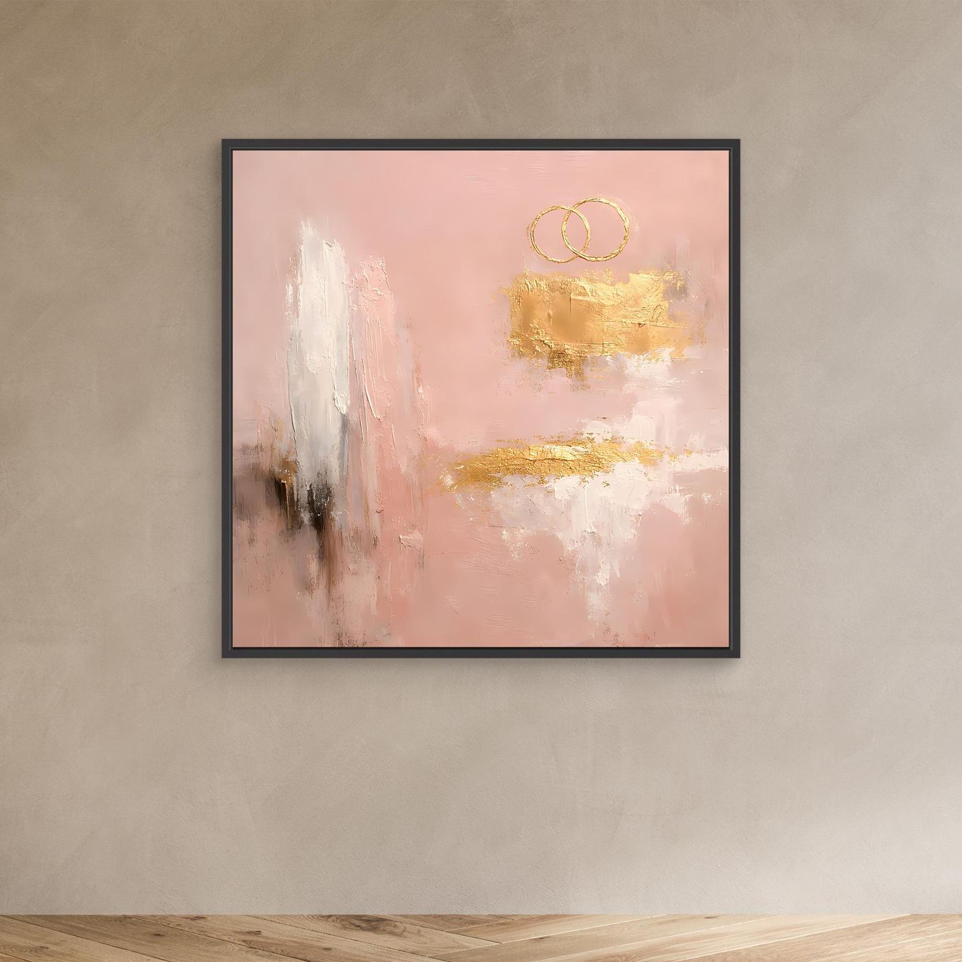 Leinwand Abstraktes Hochzeitsgemälde in Altrosa und Gold | Modernes Wandbild Eheringe