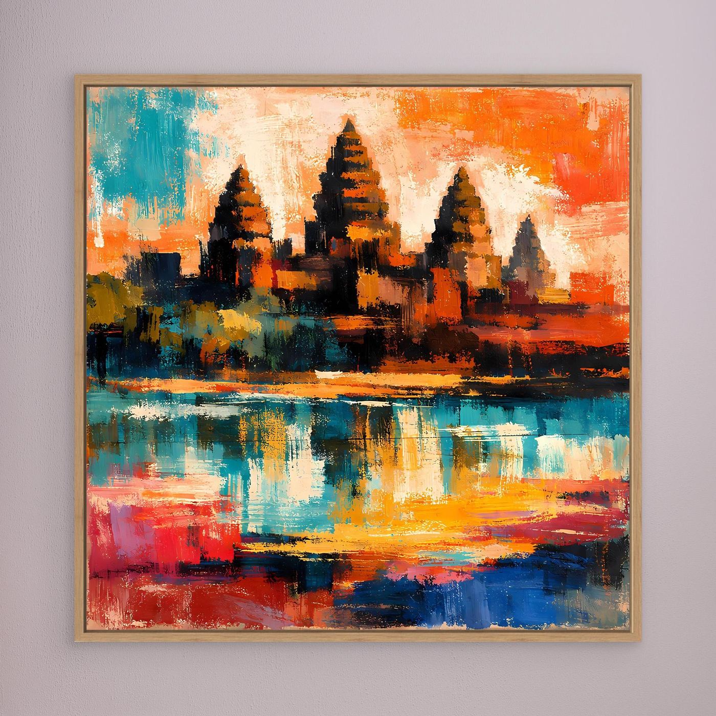 Wandbild mit abstrakter Maya-Pyramide und Wasserreflexion, farbig, goldbraun gerahmt.
