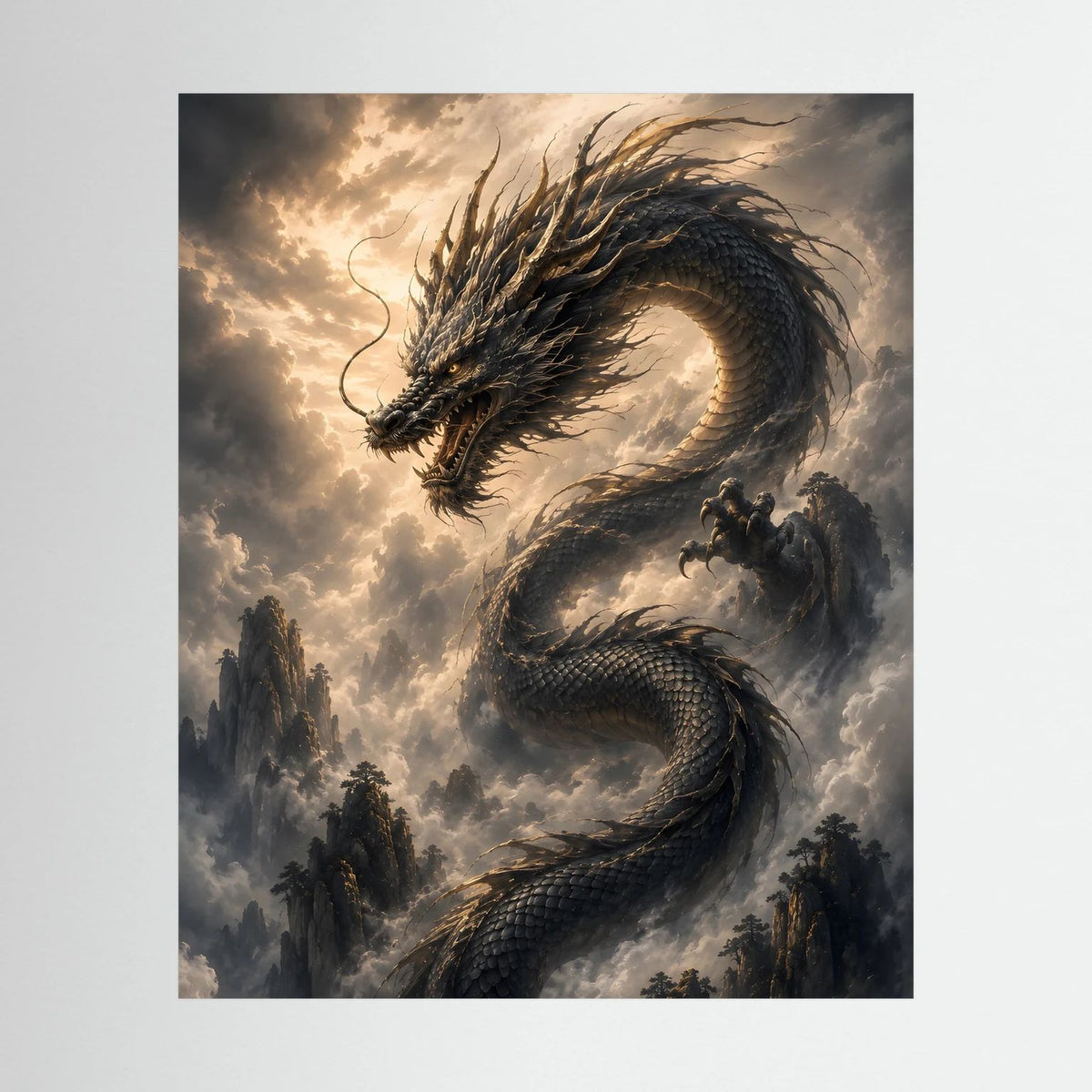 Wandbild mit schwarzem asiatischem Drachen über Wolkenbergen, Hochformat