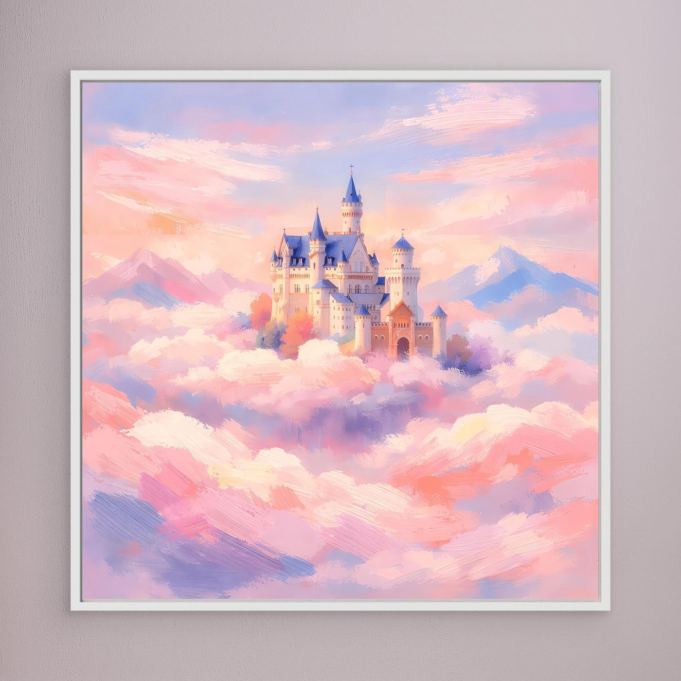 Leinwand Schloss Neuschwanstein über Wolken | Märchenhafte Pastelltöne Wandbild