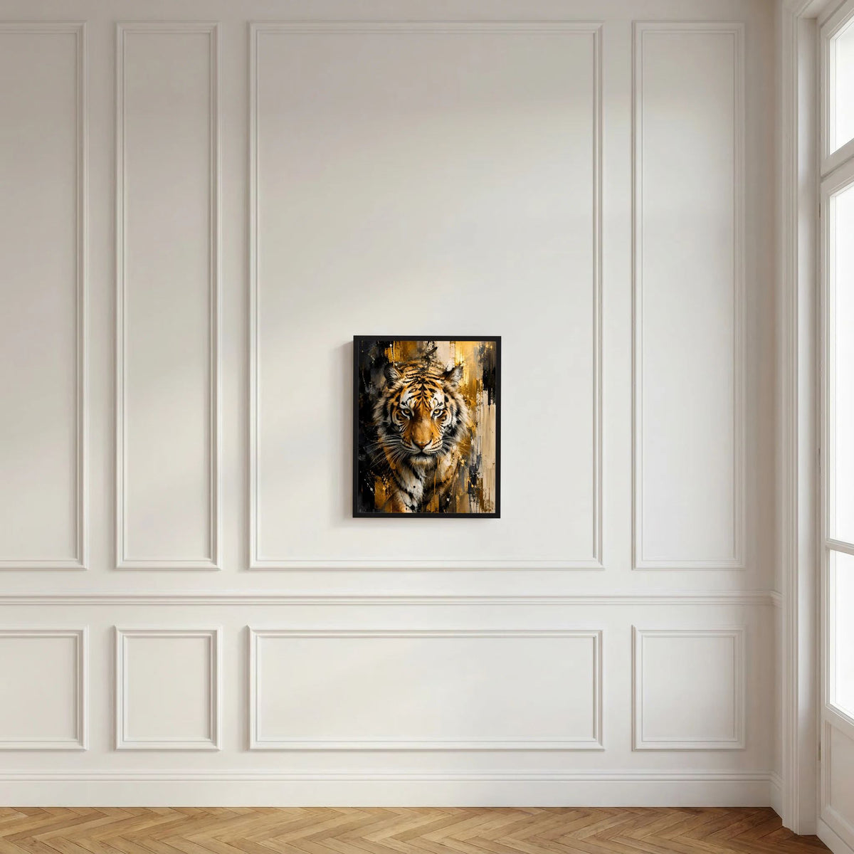 Gerahmtes Kunstposter im schwarzen Rahmen: Tigerkopf in Gold- und Schwarztönen