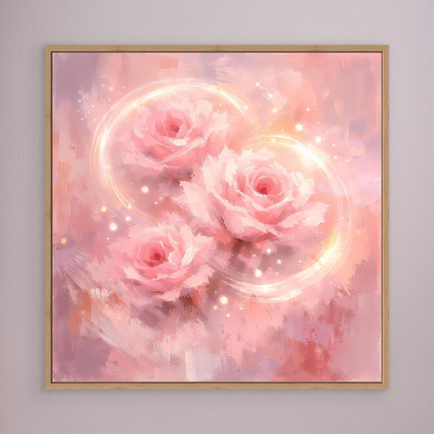 Wandbild mit rosa Rosen, zwei schimmernden Kreisen und Punkten, Eichenrahmen