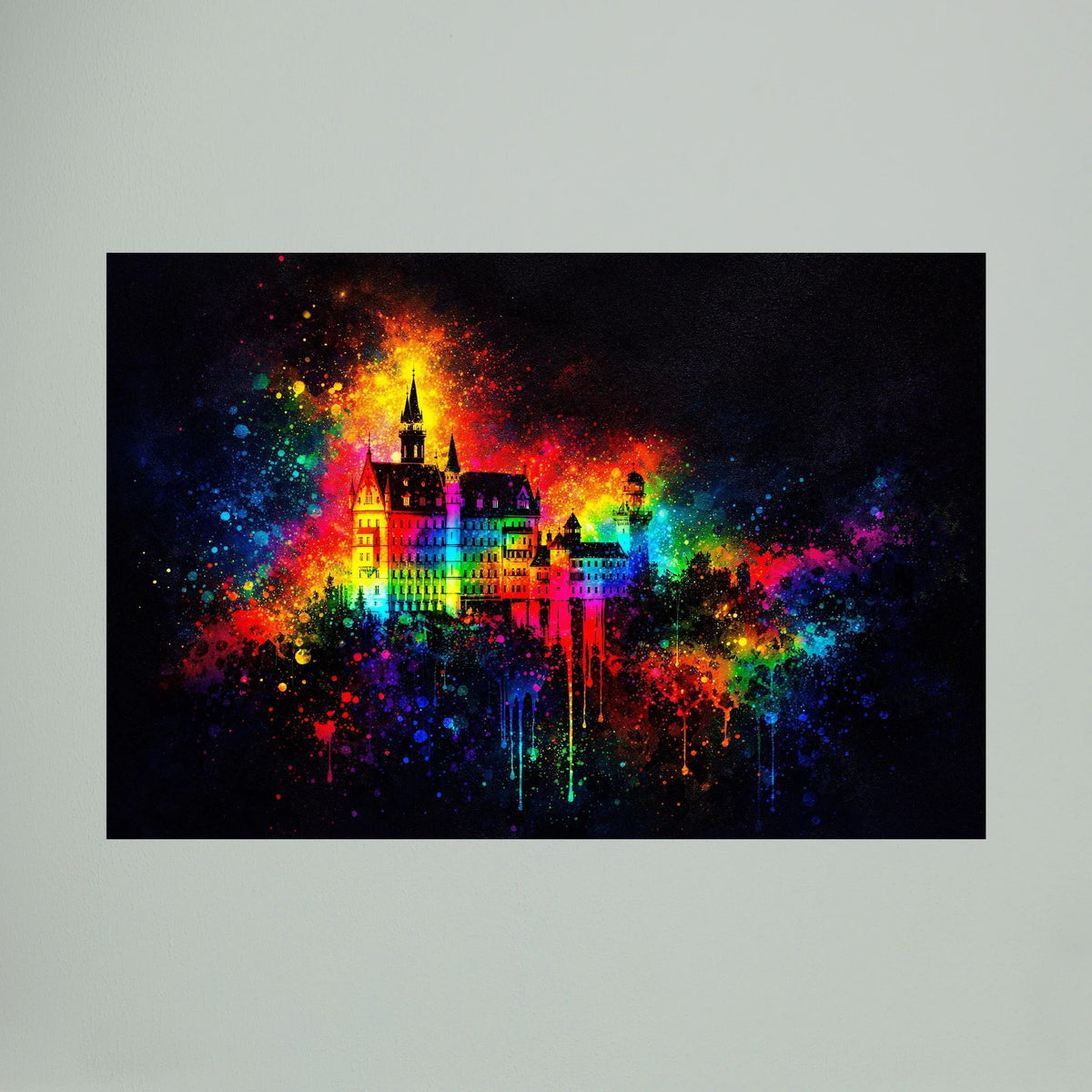 Fantasy-Wandposter Querformat mit Märchenschloss in buntem Farbrausch auf dunklem Hintergrund