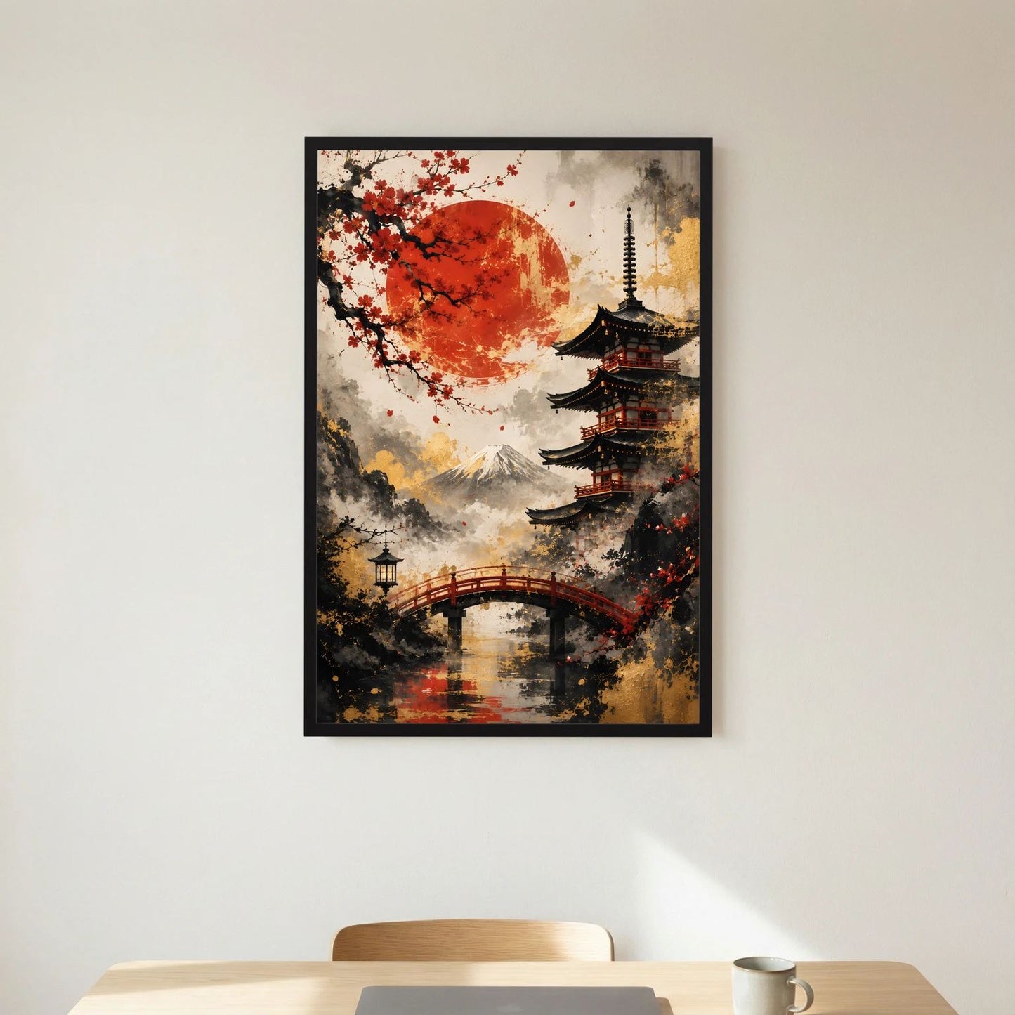 Wandbild mit Pagode, roter Sonne, Kirschblüten und Brücke im schwarzen Rahmen