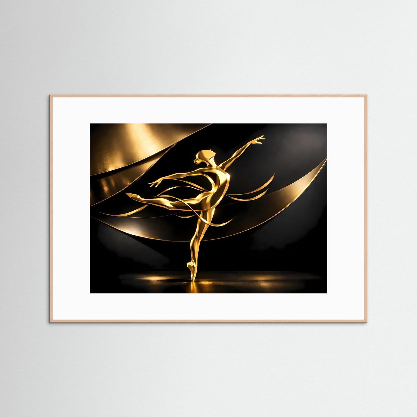 Wandbild mit goldener Ballerina-Skulptur in schwarzer Komposition, hellbrauner Holzrahmen
