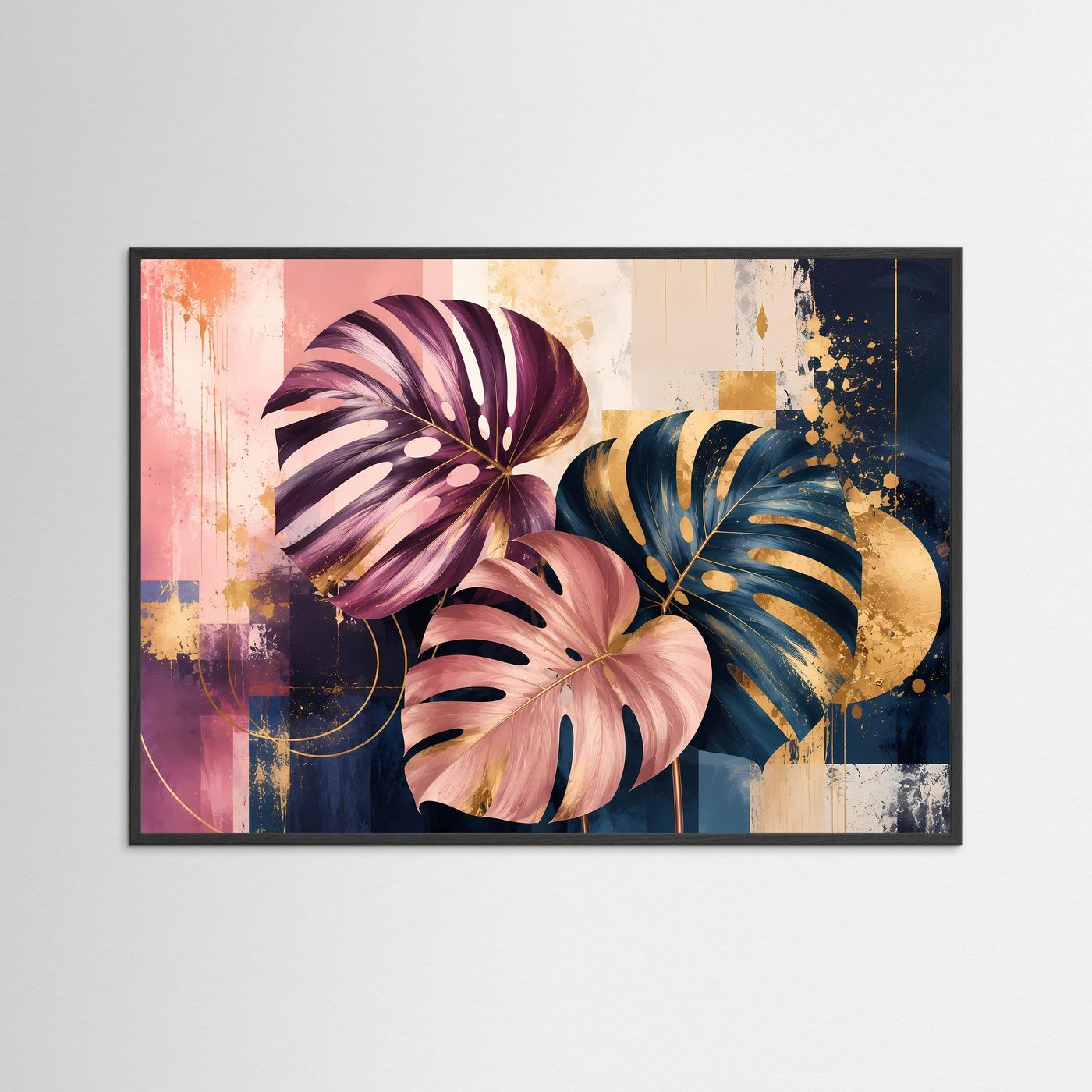 Elegante Monstera Blätter in Rosa, Blau & Gold | Abstrakte Botanik Poster Querformat