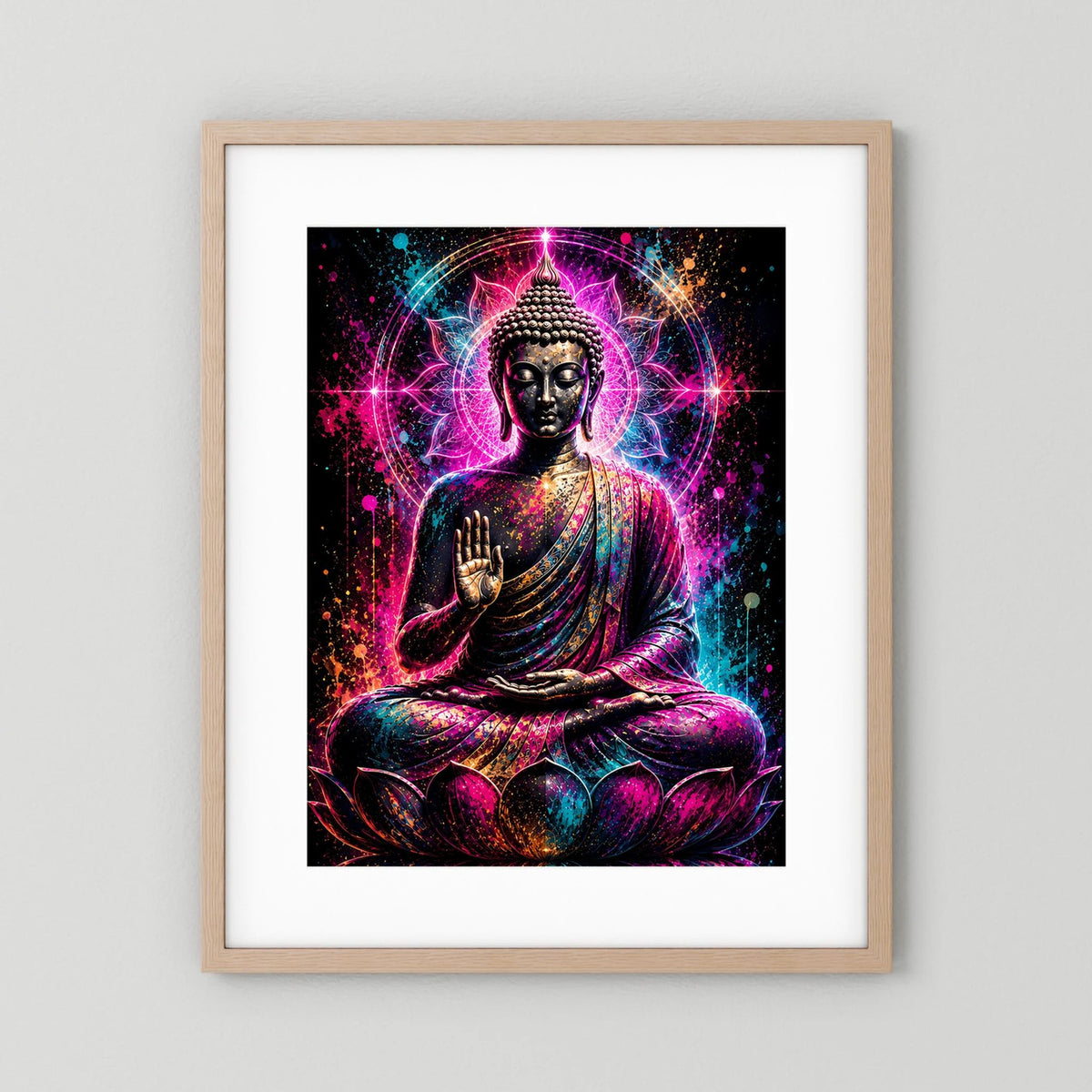 Hochformatiges Buddha-Neonmandala-Poster im hellen Holzrahmen: Meditationsbuddha auf Lotus, pink/türkis Glow